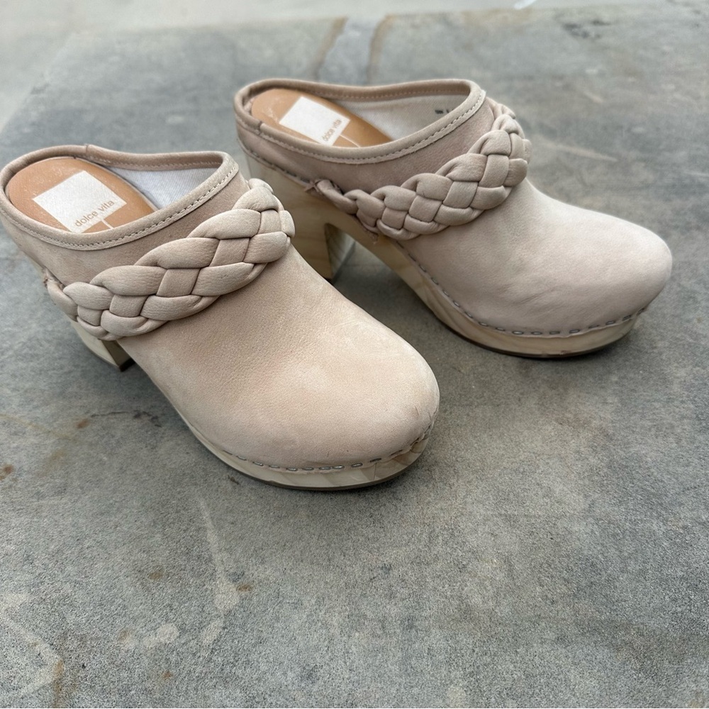 Dolce Vita Hila Braided Clogs Mules Platform Wood Heel Nude Leather Size 6 - Picture 2 of 10